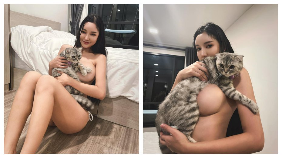 一名擁有性感火辣身材的女子抱著自己的寵物貓，只見她上半身完全沒穿，喵星人直接當胸罩放在巨大的雪乳上，若隱若現的模樣讓不少網友噴鼻血。 (圖/取自臉書「Thapani Meemungtham」)