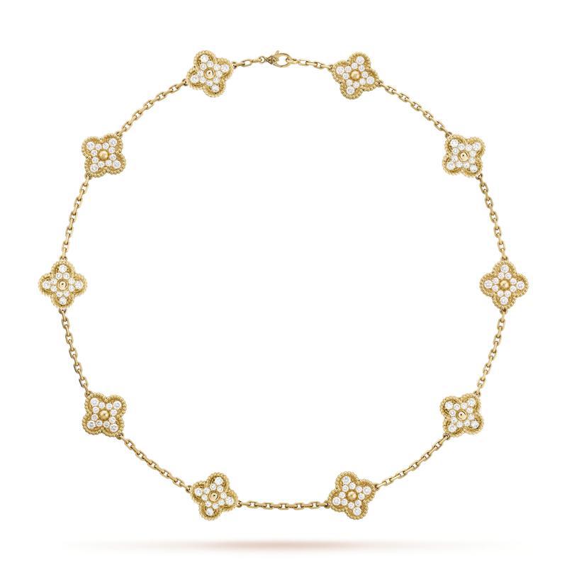Vintage Alhambra 10枚墜飾項鍊，18K黃金鑲嵌鑽石，約167萬元。圖／梵克雅寶提供