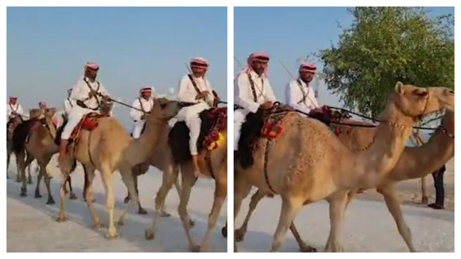 卡達世界盃足球賽進行中，日前英格蘭足球代表隊下榻的酒店外有一群光腳男子騎著駱駝經過，但其實他們的來頭可不小，這是隸屬卡達政府的駱駝保安巡邏隊。 (圖/取自影片)