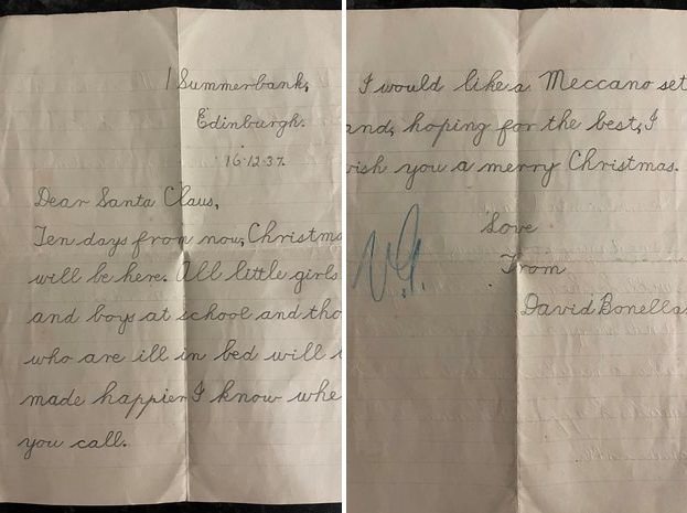 爺爺小時候在信紙上用漂亮的字跡寫下對聖誕老人的期待。圖擷自Reddit