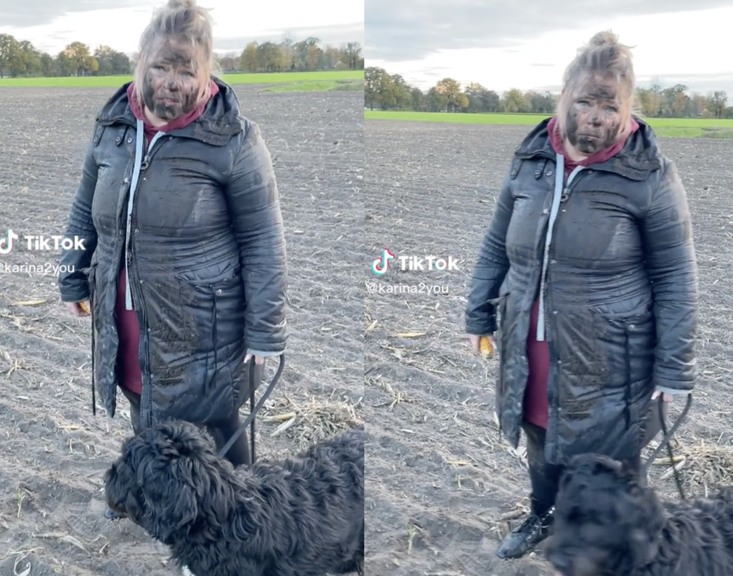媽媽幫忙遛狗卻「滿臉爛泥」嚇壞女兒。（圖／翻攝自Tik Tok@karina2you）