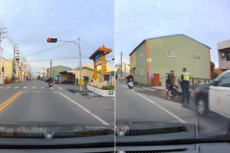彰化一名機車騎士闖紅燈，直接被警察攔停。 圖／截自爆廢公社二館影片