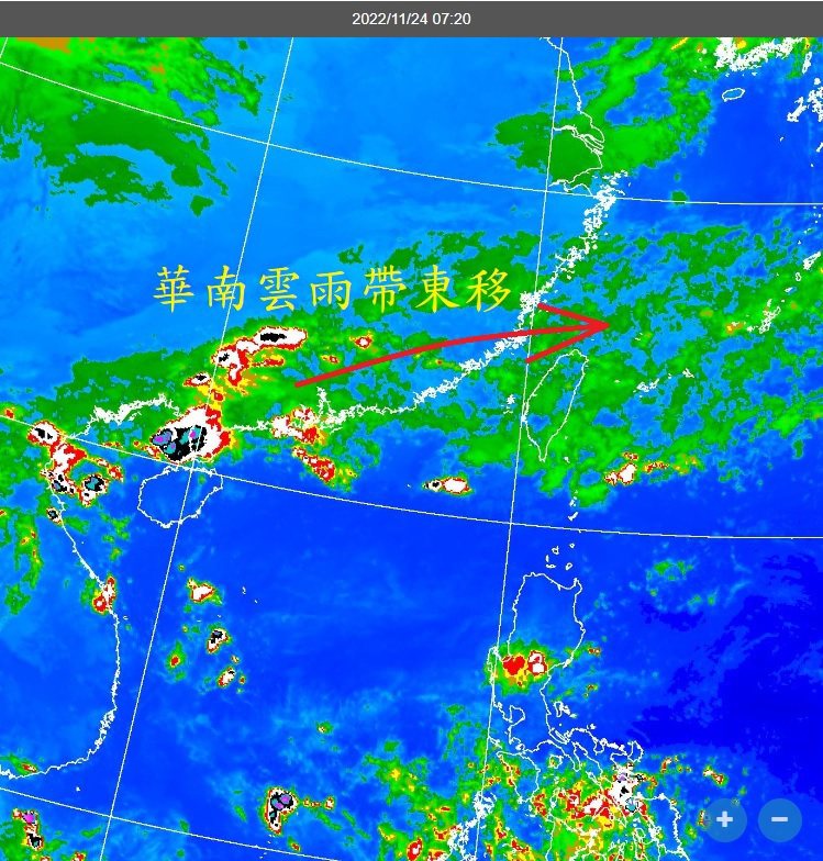 雲圖上看到華南雲雨區東移影響台灣，是春季才能說的典型天氣型態，現在還沒看到冬季的...