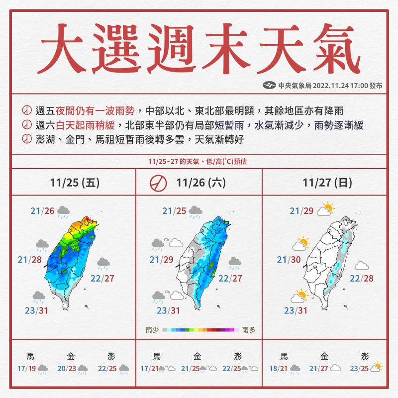 氣象局表示，這波華南雲雨區將一路影響到26日清晨，由於26日當天東北季風增強，屆時北台灣高溫將明顯下降，雨勢則以北部、東北部為主，其他地區為多雲的天氣。圖／氣象局提供