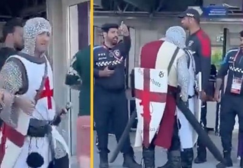 英格蘭球迷在卡達世界盃被目擊到身披鎖子甲、帶著上面繪有聖喬治十字的假劍盾。雖然這類打扮在英格蘭賽事相當常見，但有2名如此打扮的球迷據報被拒絕入場觀看英格蘭對陣伊朗。照片翻攝：Twitter / FrancisGaitho