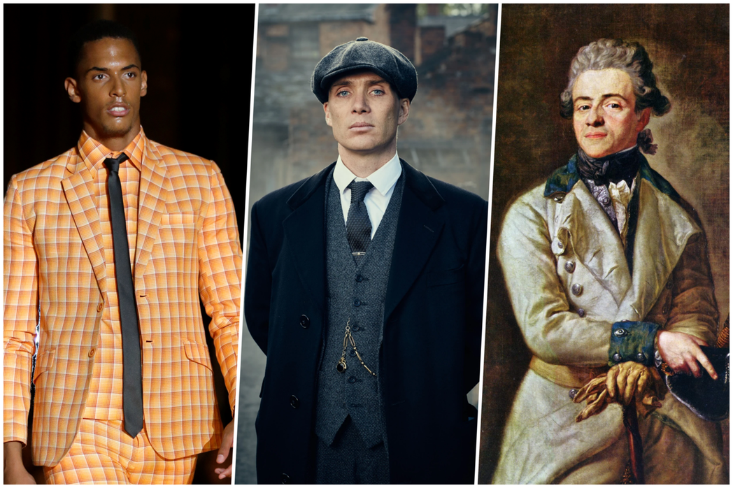 左起：2015年的非洲時尚週男模、1919年的三件式舊時代男裝風格、18至19世...