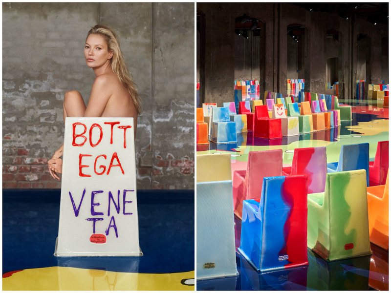 為強調並宣傳限量的「Come Stai?」座椅，Bottega Veneta並邀請品牌好友、超模凱特摩絲（Kate Moss）裸身入鏡。圖 / Bottega Veneta提供（合成圖）