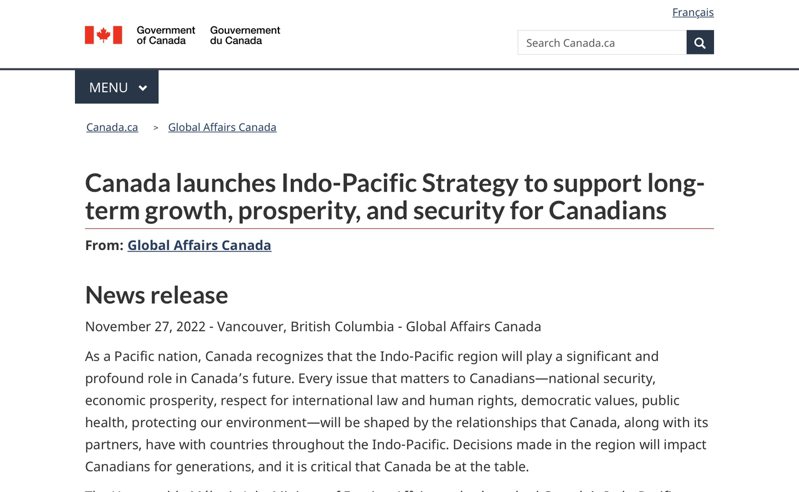 加拿大政府27日發布「印太戰略」。圖／擷取自加拿大政府發布「印太戰略」新聞稿