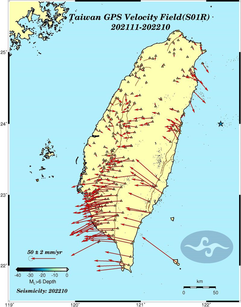 鄭明典表示，根據台灣地表一年來的變形速度紀錄，東邊土地往西邊擠，西邊相對不太移動，所以中央山脈就被「擠」高了。圖／取自中央氣象局臉書粉專「報地震 - 中央氣象局」