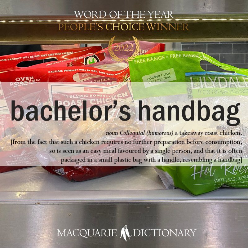澳洲麥考瑞字典今天公布2022年度新詞彙，「單身漢手提包」（Bachelor's handbag）獲網友票選為最佳人氣王。圖／取自Twitter@MacqDictionary
