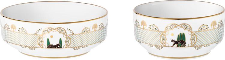 一套2件Panthère de Cartier美洲豹碗，利摩日白陶瓷裝飾蔓藤花紋圖案，約15,000元。圖／卡地亞提供