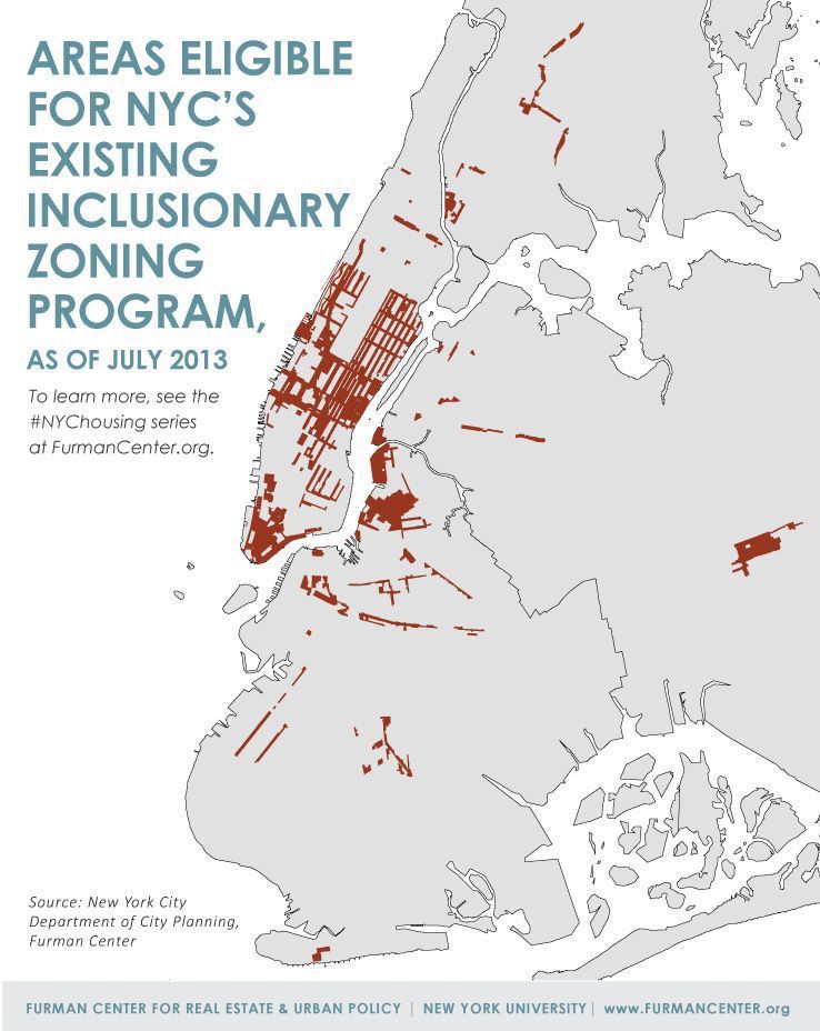 紐約包容性區劃示意圖。這些地區的劃設，經紐約市政府經評估規劃選定，主要考量其發展潛力、交通條件以及地區住宅需求等。 圖／取自紐約大學