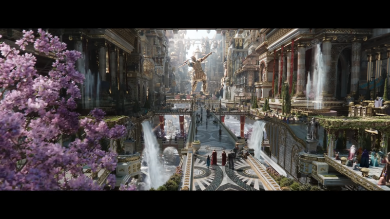 「雷神索尔：爱与雷霆」中，李建锋负责绘制背景的众神之城(Omni City)。(截取自Marvel YouTube频道)(photo:UDN)