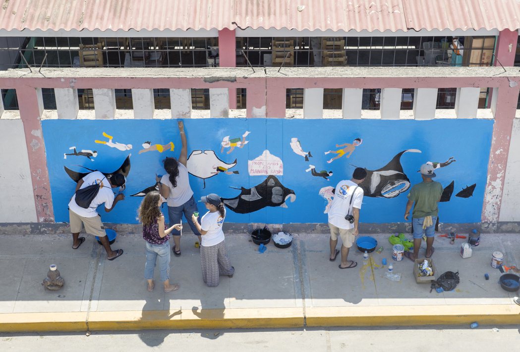 秘魯ZORRITOS 社區居民創造一幅壁畫提高巨型魔鬼魚的保育意識。圖: © R...
