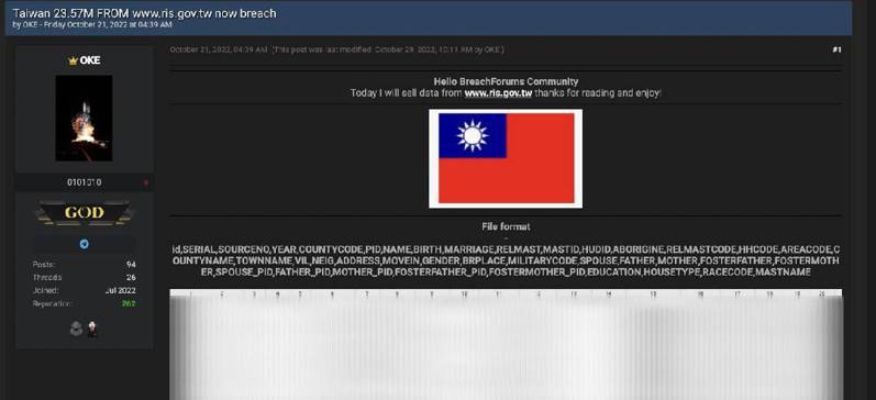 10月21日一個名為「OKE」的帳號在網路論壇BreachForums發文，稱要販售超過2300萬筆台灣人戶籍個資等。圖／翻攝自BreachForums