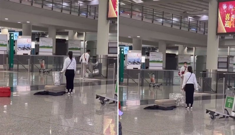 一對情侶在香港機場起爭執，男子將行李用力踢下樓，再喝令女子自己下樓撿，行為引發網友議論。圖／擷自Twitter