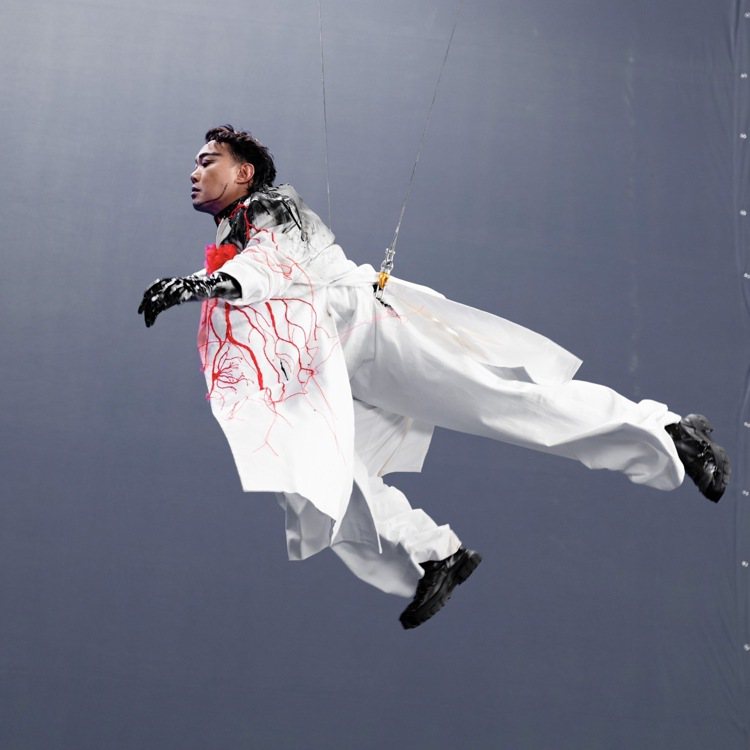 陳奕迅為MV拍攝挑戰吊鋼絲，自怨核心不給力，後空翻到快腦充血。圖／環球音樂提供