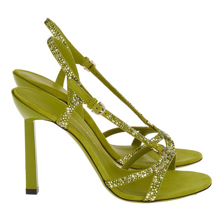 FERRAGAMO HOLIDAY系列綠色水晶裝飾高跟涼鞋，價格未定。圖／FER...