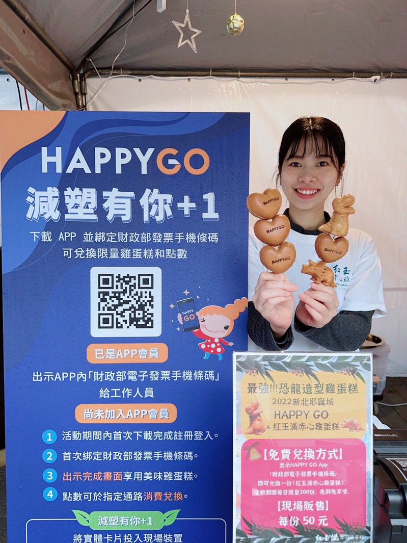 活動期間於攤位現場出示「HAPPY GO App綁定發票手機條碼」畫面，免費拿限量客製化雞蛋糕。圖／鼎鼎聯合行銷提供