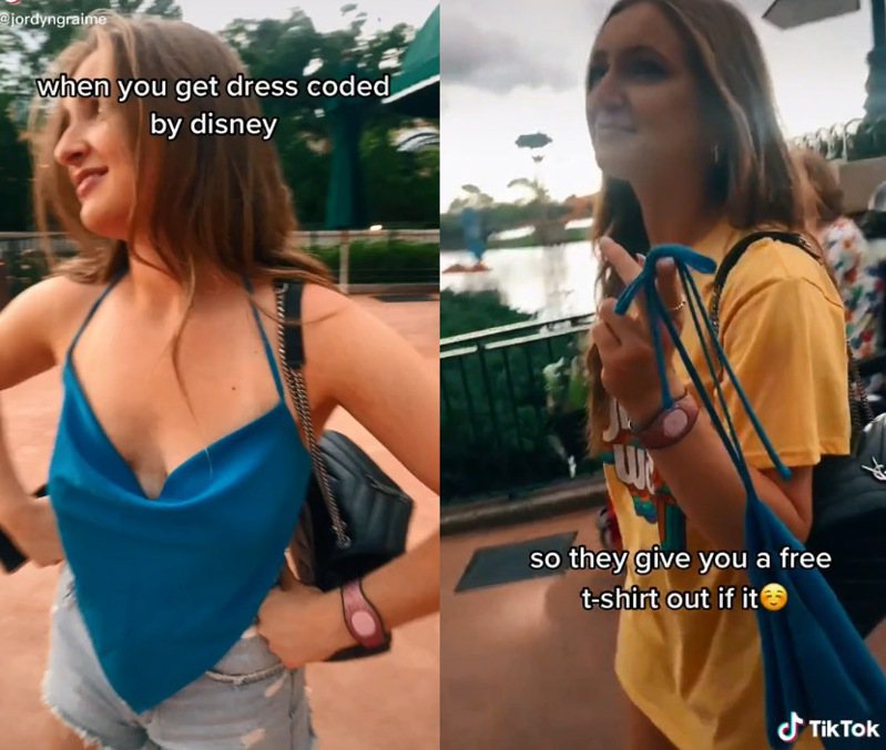 女子到迪士尼乐园玩，遭迪士尼员工指称穿着不合适的衣服，因此赠送她一件T恤，希望她能换上。图撷自(photo:UDN)