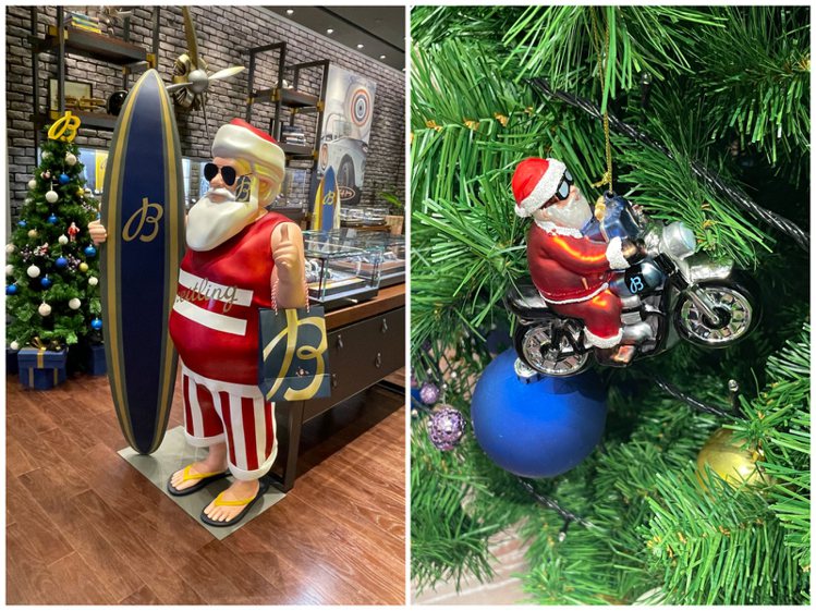 不當慣老闆的Breitling讓聖誕老人也「放假」，手持衝浪板、短褲與購物袋的造型讓人不禁莞爾。記者釋俊哲／攝影