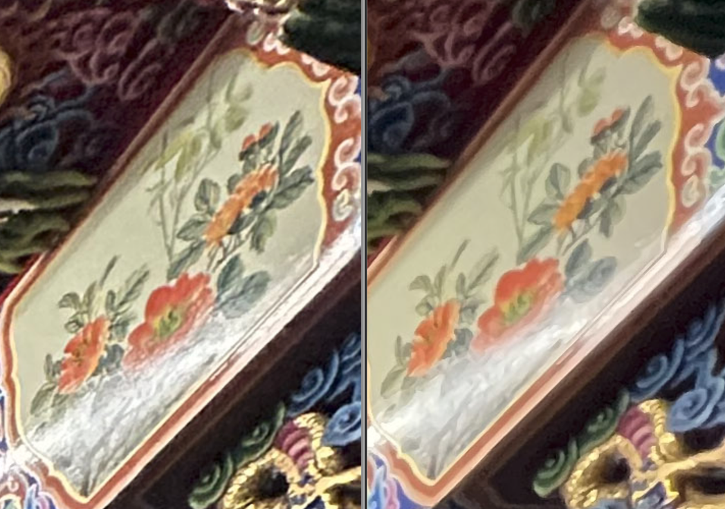 局部放大裁切看邊角的宮廟壁畫，室內需要曝光一下的照片，（左）iPhone 14細...