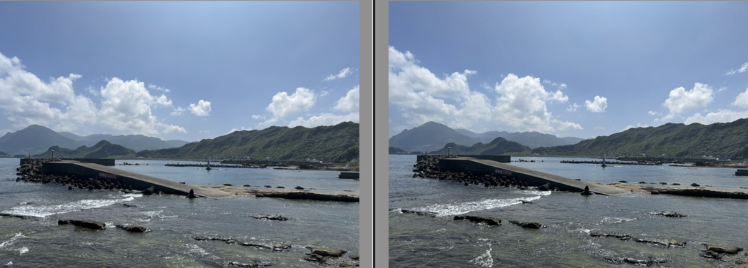 海邊光線充足時，兩者的表現幾乎沒有差別，（左）iPhone 14、（右）iPho...