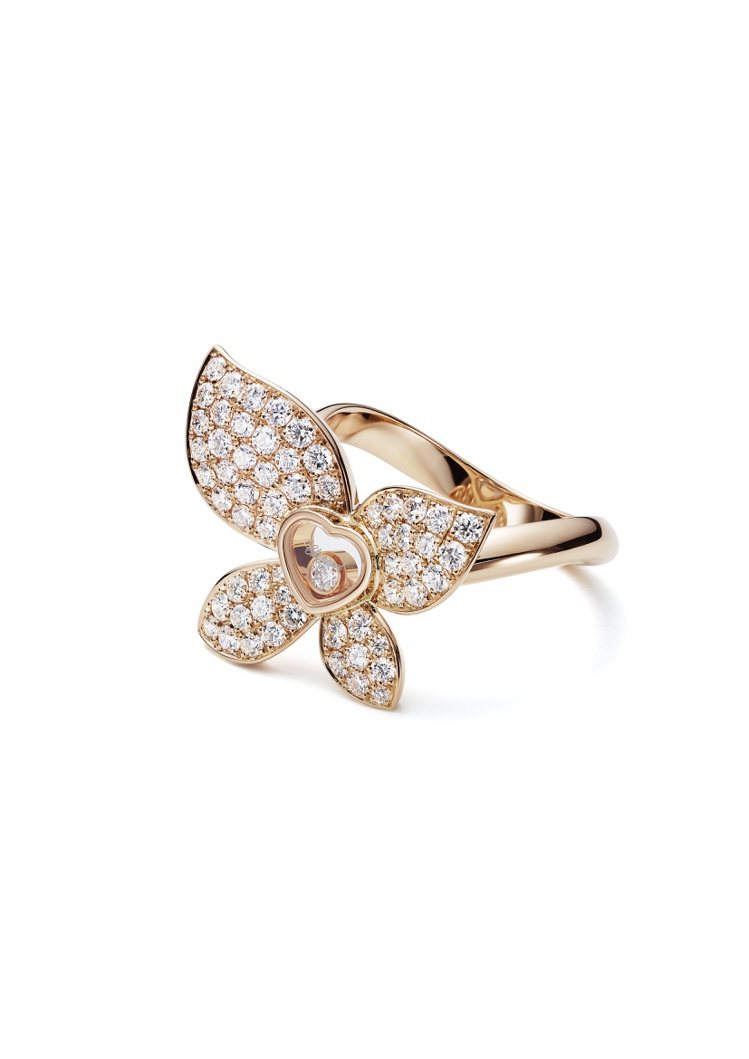 Happy Butterfly系列戒指，符合倫理道德標準18K玫瑰金鑲嵌鑽石與單顆滑動鑽石，39萬2,000元。圖／蕭邦提供