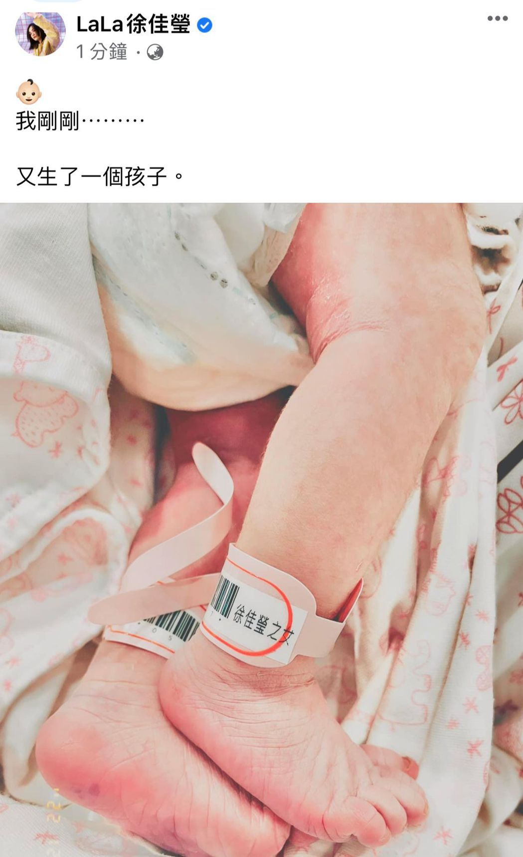徐佳莹在脸书分享顺利诞女喜讯。图／摘自脸书