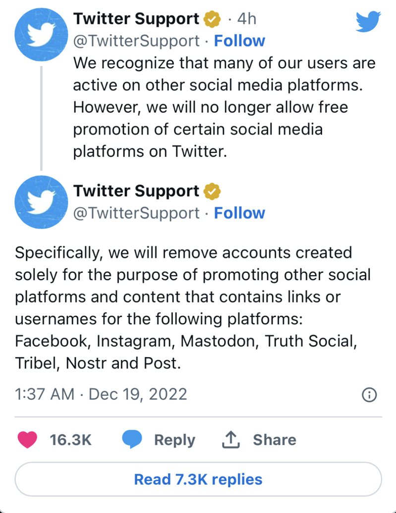 推特18日贴文表示，不再允许免费推广其他平台。撷自推特@TwitterSupport(photo:UDN)