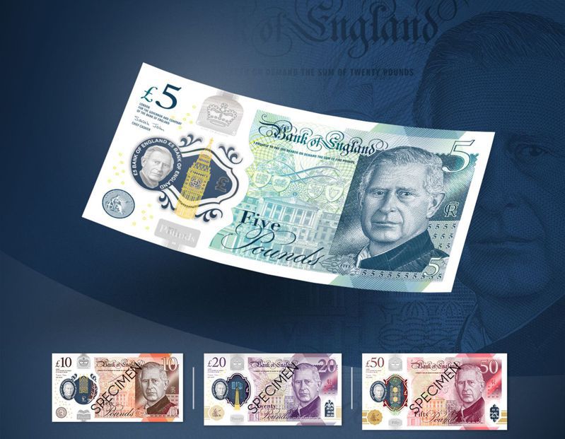 英国央行公布新版钞票设计时表示，首批印有国王查理三世肖像的钞票将于2024年年中开始流通。法新社(photo:UDN)