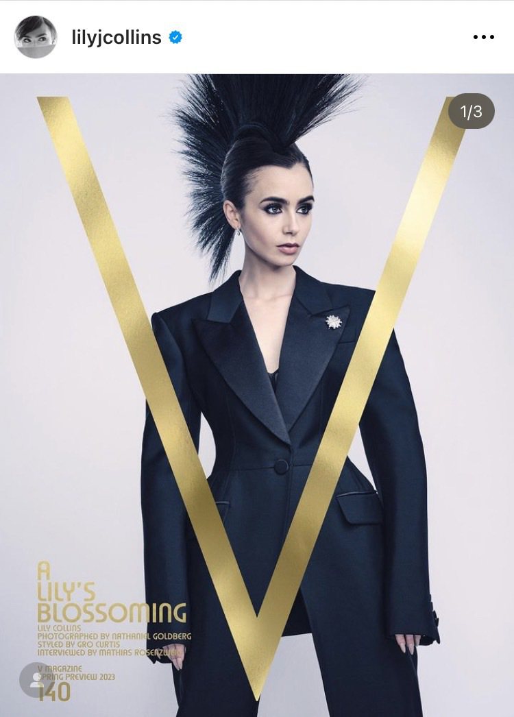 莉莉柯林斯佩戴卡地亞珠寶登上時尚雜誌《V》的封面。圖／摘自藝人IG