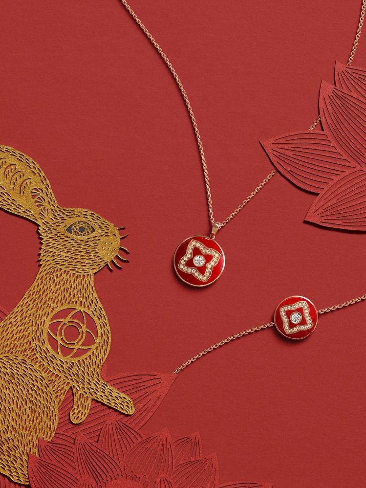 全新Enchanted Lotus  18K玫瑰金與紅色琺瑯鑽石圓牌吊墜項鍊，鑲...