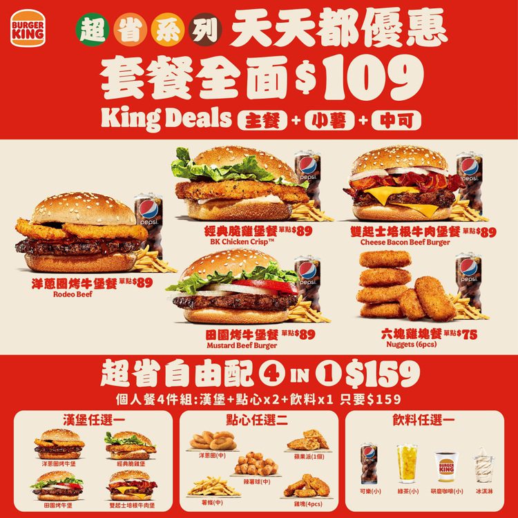 「King Deals超省系列」推出全新5組套餐，包括洋蔥圈烤牛堡、經典脆雞堡、...