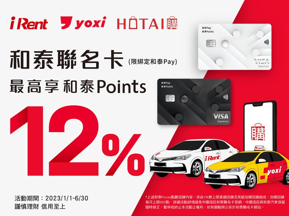 2023年1月1日起，使用和泰Pay綁定和泰聯名卡，和泰聯名卡於和泰集團旗下yoxi、iRent、「HOTAI購」線上商城消費最高可享12%和泰Points回饋。
 圖/和泰汽車提供