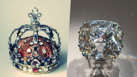 左為法王路易十五的加冕王冠，攝政王鑽石鑲嵌其上，加冕典禮之後取下、由複製品代替，...