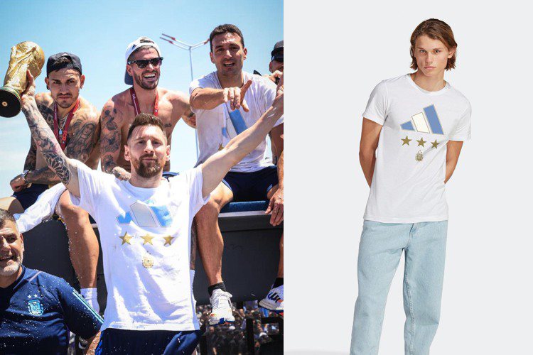 球王梅西（左）在日前於阿根廷街頭現身，以英雄式凱旋而歸的遊行，搶先穿上紀念T恤，...