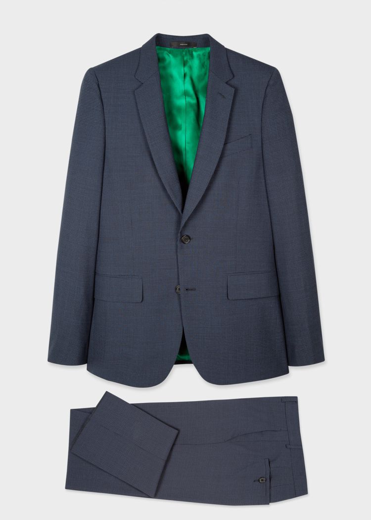 Paul Smith深藍細千鳥格羊毛西裝外套，41,500元；西裝長褲，17,500元。圖／藍鐘提供