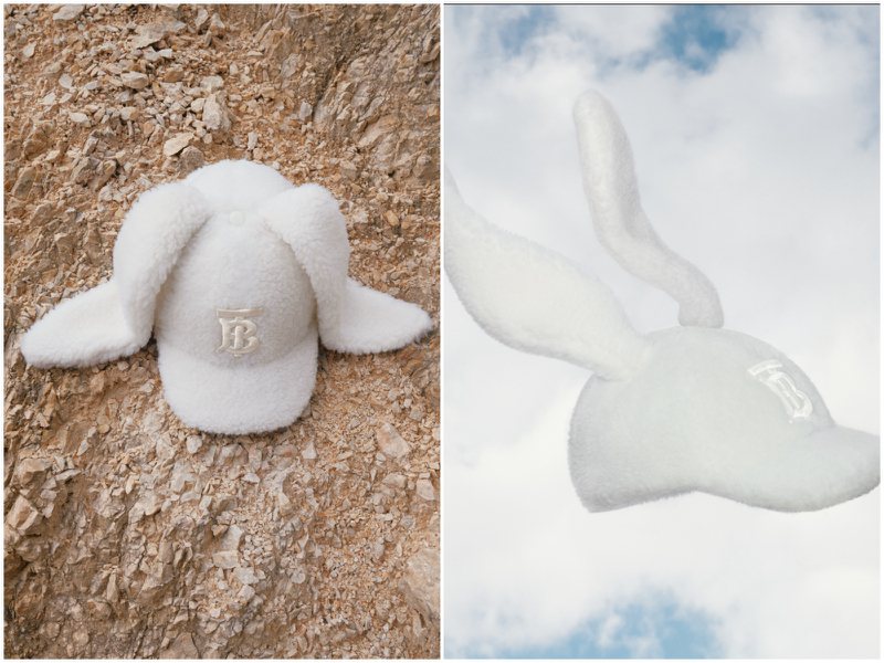 像是長出兩個耳朵般的兔子造型毛絨棒球帽，保暖也討喜可愛，22,900元。圖／Burberry提供（合成圖）