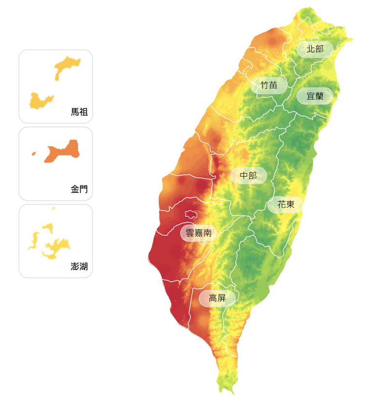 雲嘉南、高屏地區、竹山、南投地區均亮起對所有族群不健康的「紅色警示」。圖／截自空品監測網