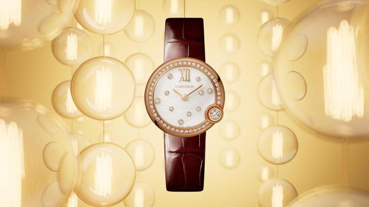亞洲限定上市Ballon Blanc de Cartier玫瑰金鑲鑽腕錶，充滿美...