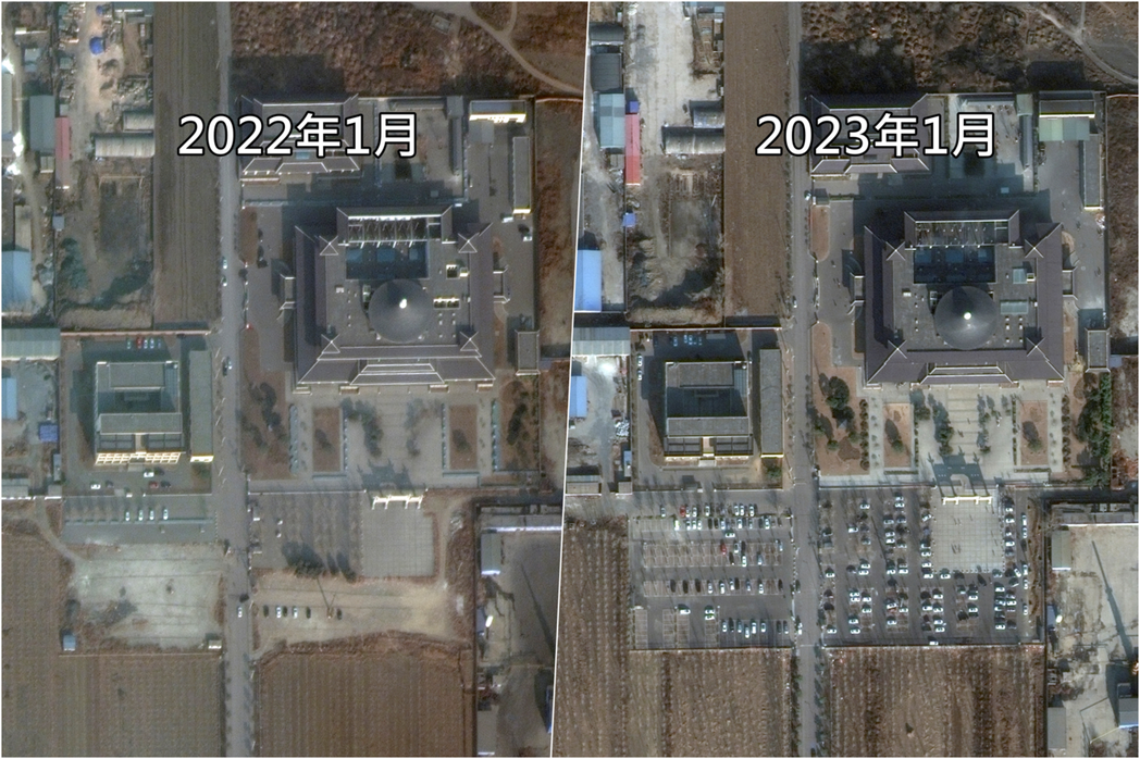 Maxar Technologies拍下，中國河北唐山的一處殯儀館，其2022年...