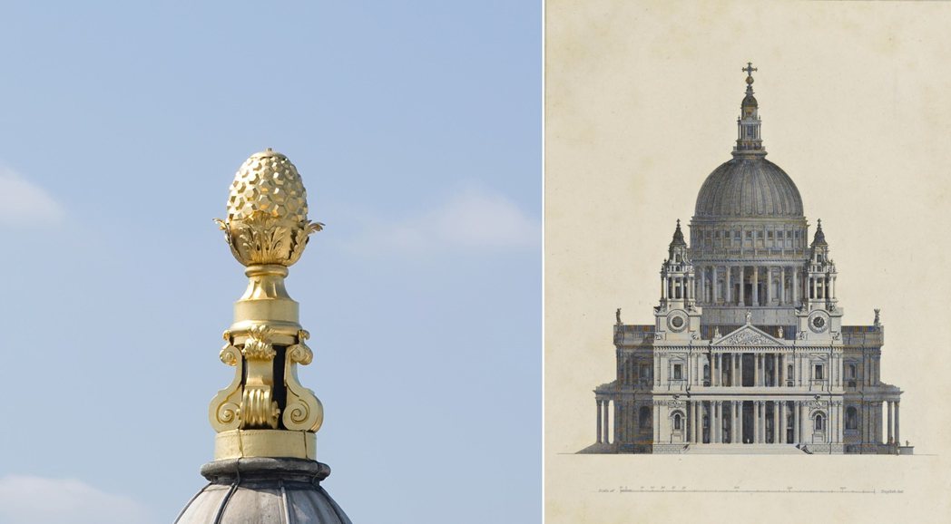 左為倫敦聖保羅大教堂的座塔塔頂鳳梨金雕，1666年；右為倫敦聖保羅大教堂的西面入口立面圖，1675-1710年興建。 圖／時報出版提供