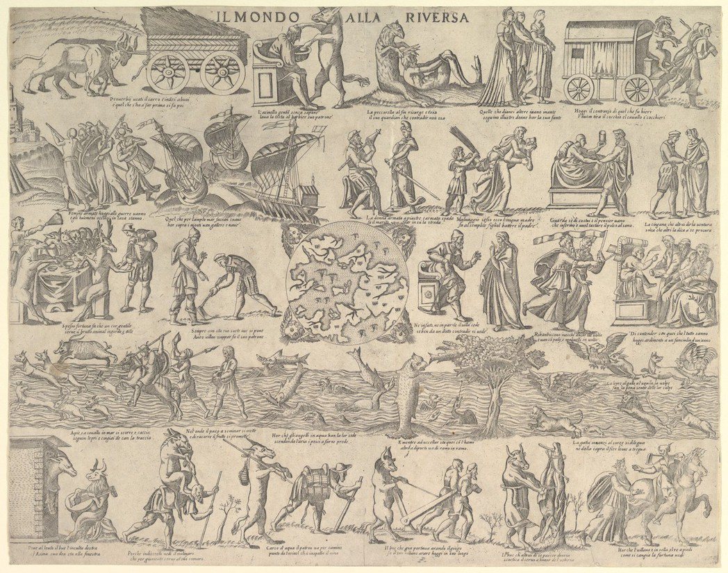 在16世紀版畫《翻轉世界》倒數第二排左側，兔子與獵犬地位互換，轉而成為發起攻擊的...