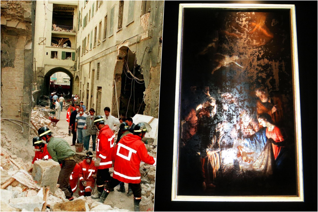 1993年西西里黑手黨炸彈攻擊烏菲茲美術館，左為受損建築，右為受損館藏《牧羊人的...