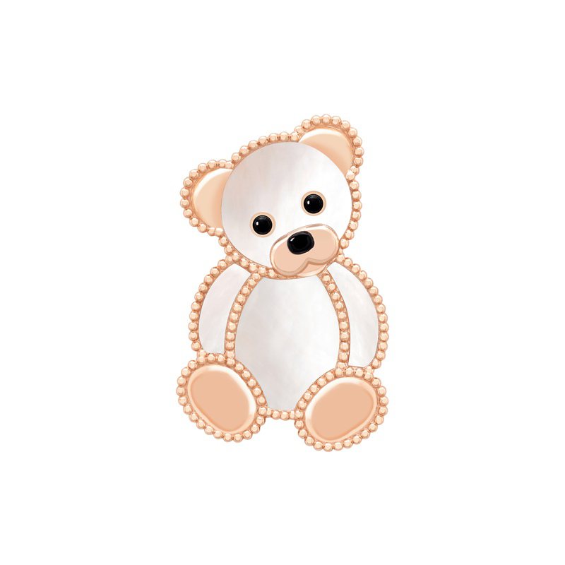 Lucky Animals Teddy Bear胸針，玫瑰金鑲嵌白色珍珠母貝與縞瑪瑙，約23萬8,000元。圖／梵克雅寶提供