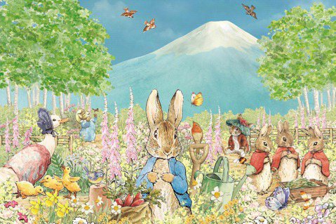 2022年日本本栖湖渡假村開設「彼得兔英式庭園」，推出了背景有富士山的彼得兔海報...