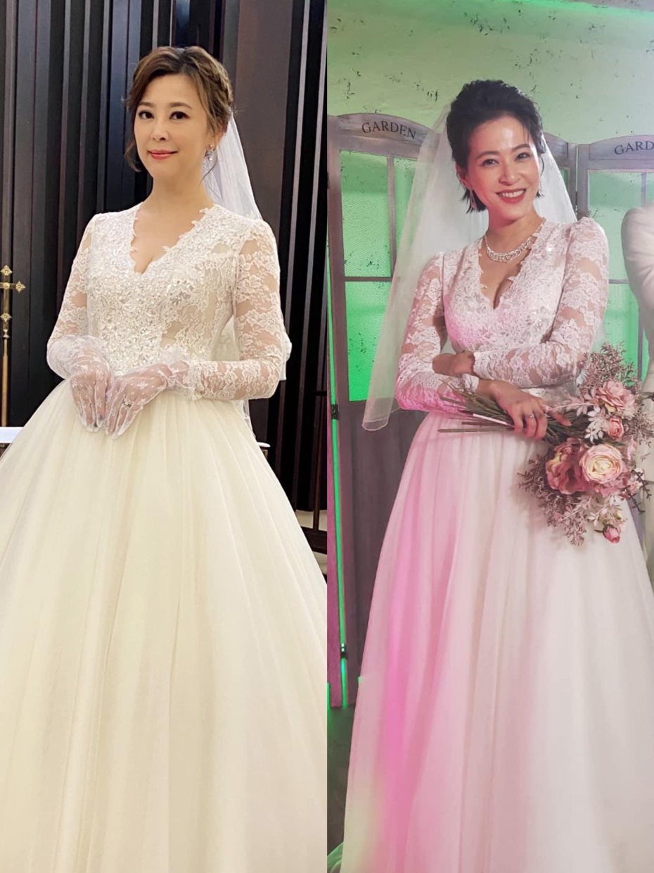 方馨(左)與蘇晏霈相隔2年，穿同一套婚紗拍戲。圖／摘自臉書