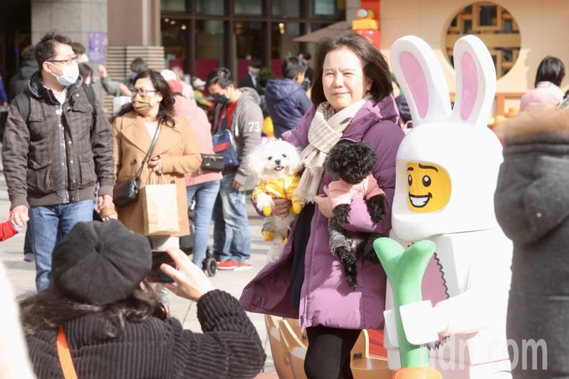 從大年初二開始，氣溫一路下滑，今天初四雖低溫但已緩步回升，台北信義商圈民眾歡喜帶著寵物出遊，享受年節氣氛。記者林俊良／攝影
