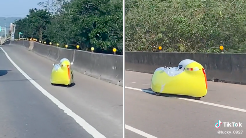 一位民眾過年期間行經西濱公路時，發現有一輛外觀黃、白、橘配色像是「黃色小鴨」的奇怪車輛。圖擷自TikTok